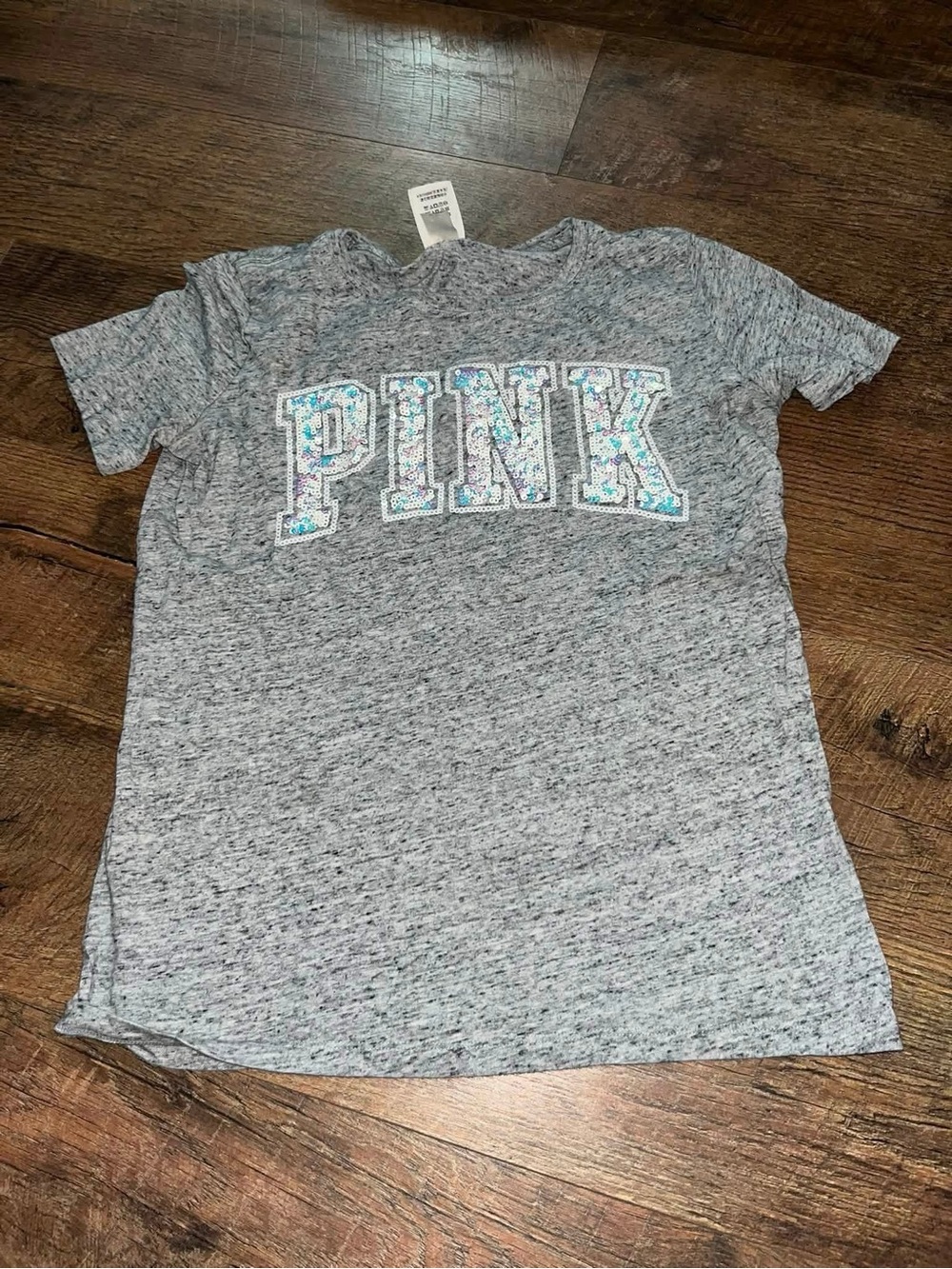 PINK Victoria's Secret Heather Gray Short Sleeve Tee with Iridescent Sequin Logo
